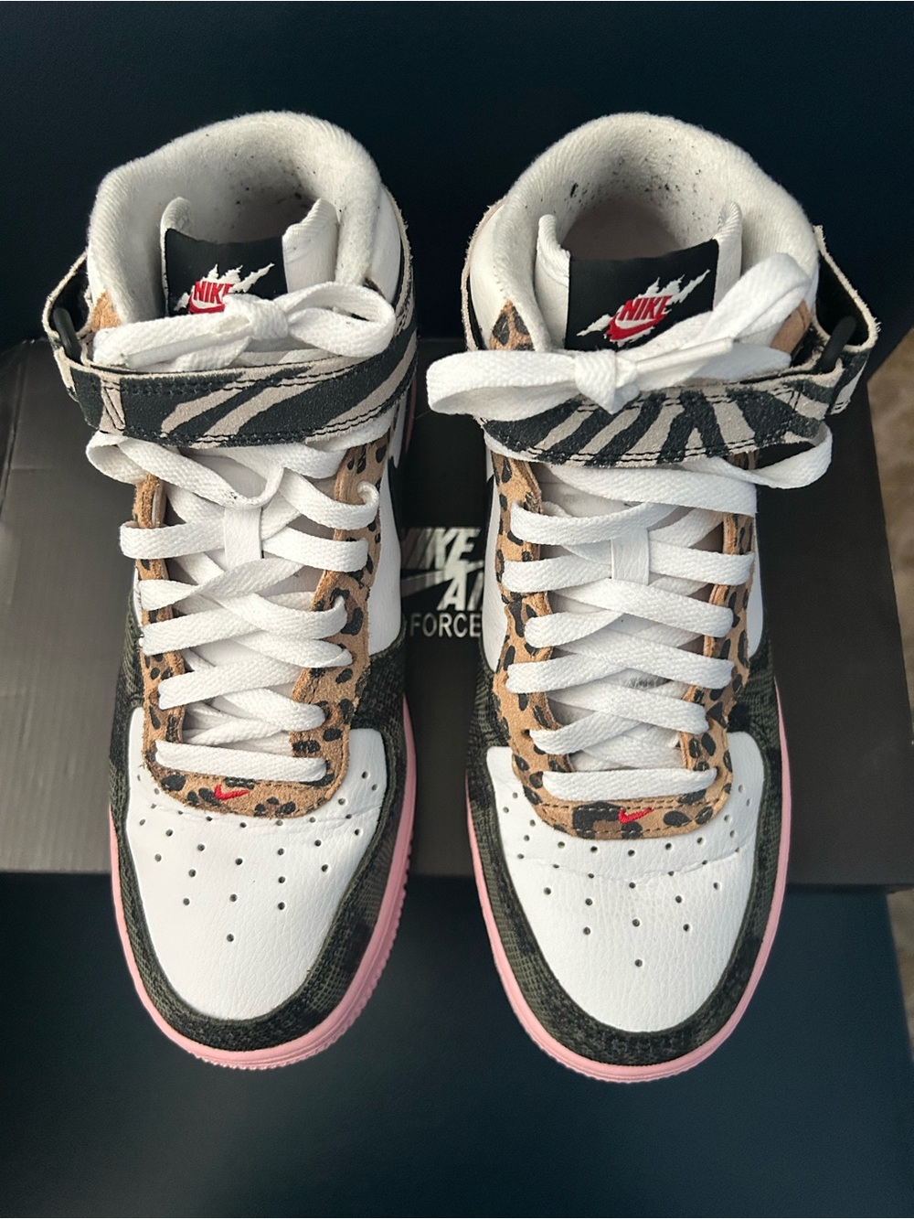 Nike Air Force 1 High-Top Sneakers - White, Black, Leopard & Pink Trim - Picture 2 of 9